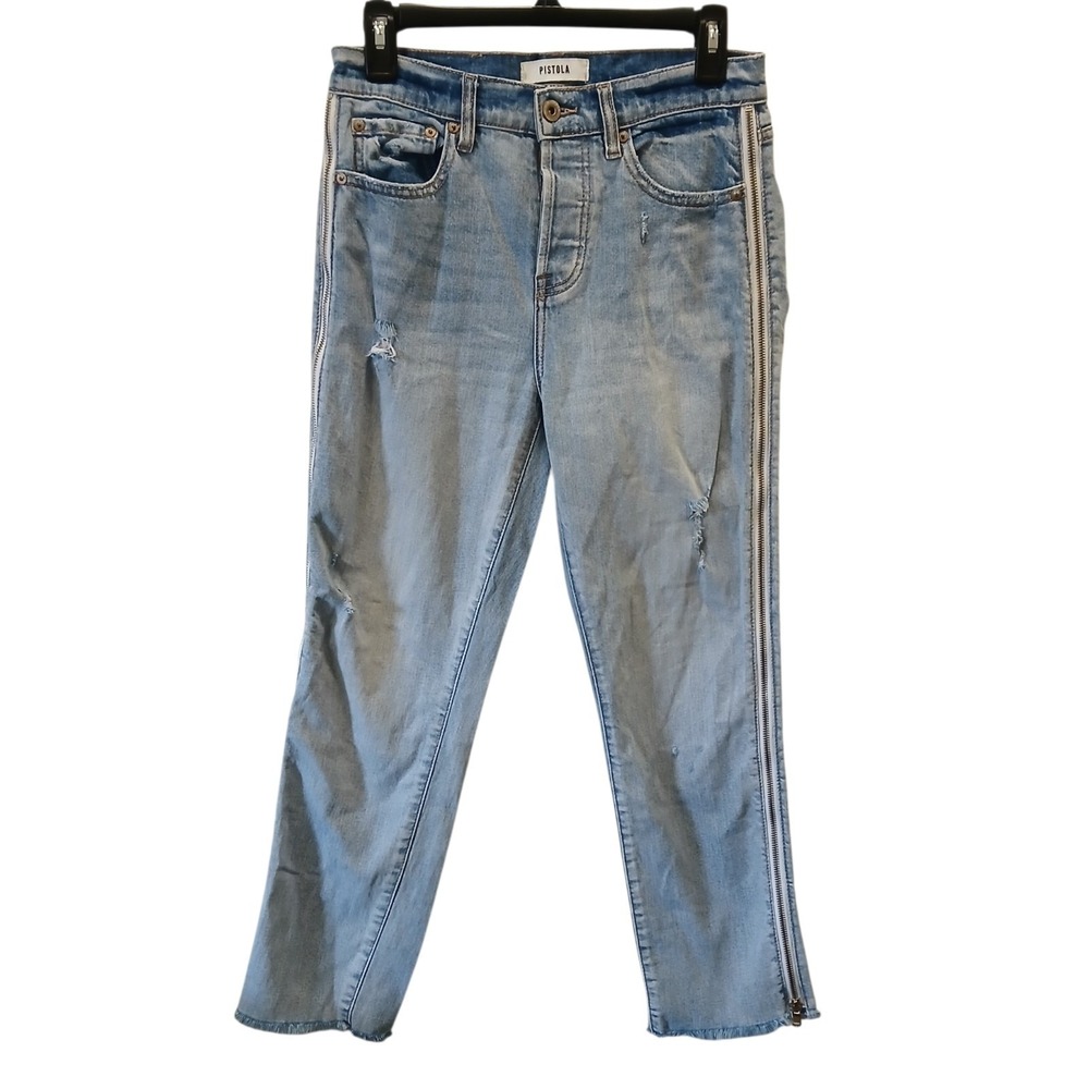 Pistola Charlie High Rise Straight Leg Jeans Side Stripe‎ Zipper Raw Hem Size 27
